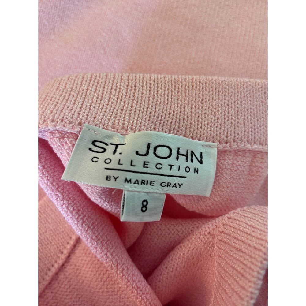 St. John Evening Marie Gray Pink Knit Skirt Suit Rhinestone Trim Blazer Set 6 - Picture 12 of 13